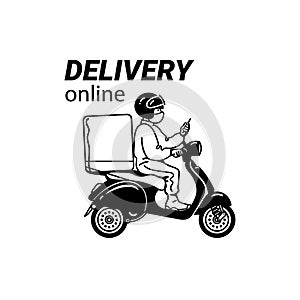 Delivery man in face mask riding scooter. Courier on motorbike. Vector illustration