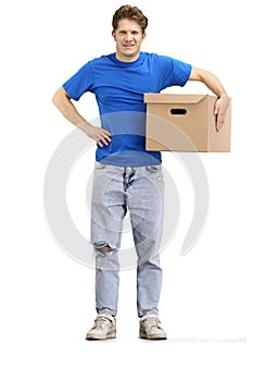 Delivery man, full-length, on a white background, with a box, hand on hip