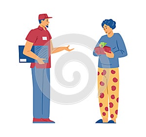 Delivery man getting cash payment for service flat vector illustration isolated.