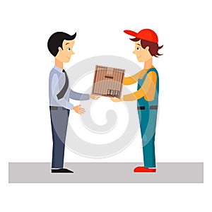 Delivery Man Gives Package, Vector Illustration