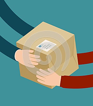 Delivery man gives parcel. Supply, shipment concept. Flat vector illustration