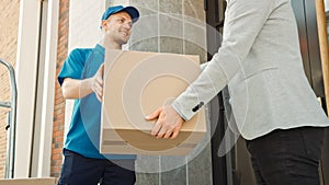 Delivery Man Gives Postal Package to a Business Customer, Who Signs Electronic Signature POD Devic