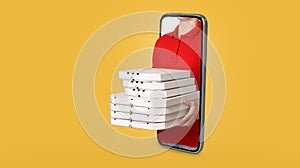 Delivery man giving stach of pizzas from smartphone screen, collage