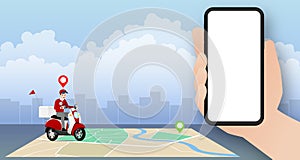 Delivery man going to deliver parcel, food, product to customer by app on blank screen smartphone tracking on a moped with a ready