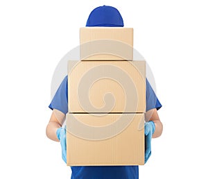 Delivery man hand in medical gloves holding cardboard box mockup isolated on white background