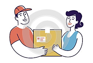 Delivery man hands box to customer. Moving service symbol vector illustration