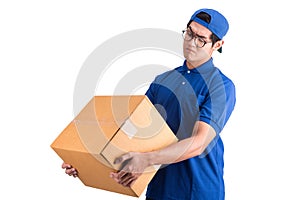 Delivery man having doubts in product box.