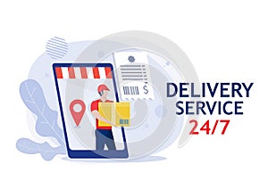 Delivery man holding box Online shop delivery service using flat cartoon illustration. smartphone, delivery concept