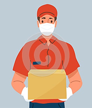 Delivery man holding cardboard box wearing protective mask and gloves. Food delivery male person in simple flat style
