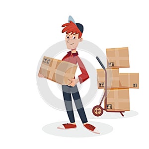 Delivery man holding cardboard parcel box with delivery hand cart with boxes on background. Fast Delivery service by