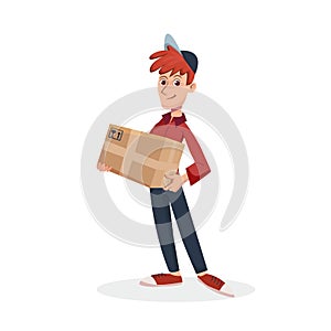 Delivery man holding cardboard parcel box. Fast Delivery service by courier. Vector cartoon character illustration