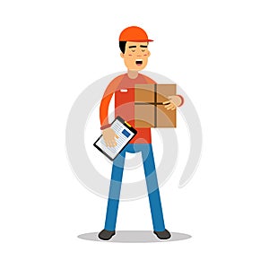 Delivery man holding cardbox and check list, courier in uniform at work cartoon character vector Illustration