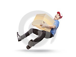 delivery man holding cardbox with happiness service mind islated white background