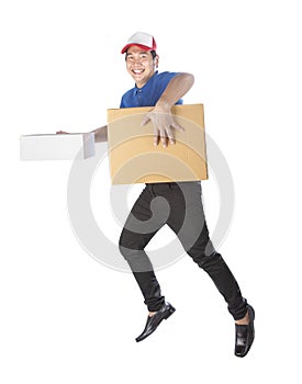 Delivery man holding carton box toothy smiling face with service