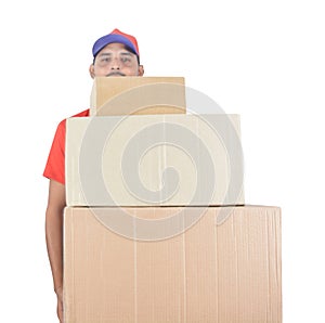 Delivery man holding carton boxes in uniform