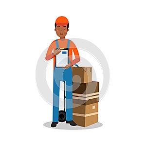 Delivery man holding delivering and documents, courier in uniform at work cartoon character vector Illustration