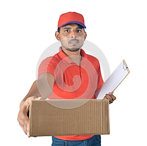 Delivery man holding gift pack and clipboard in uniform