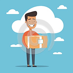 Delivery man holding a large box, smiling happily on a blue cloudy background. Cheerful courier delivering a package