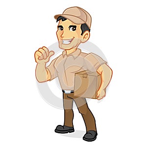 Delivery man holding package and giving thumb up