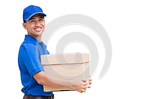 Delivery man holding a parcel box