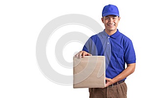 Delivery man holding parcel box isolated on white background