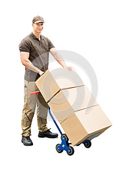 Delivery Man Holding Trolley With Cardboard Boxes