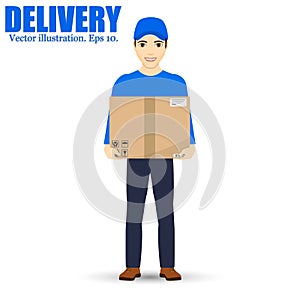 Delivery man isolated on background. Vector illustration. Smiling Courier Delivering Packages.