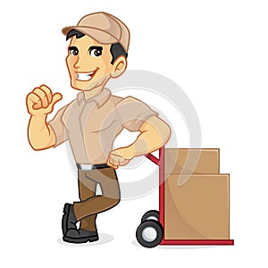 Delivery man leaning on packages and giving thumb up