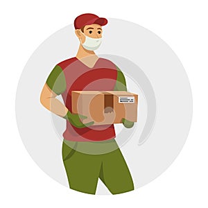 delivery man in mask and glowes with box in hands. Courier with order. Vector illustration