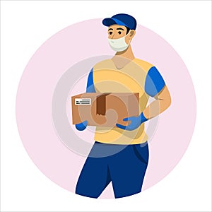 delivery man in mask and glowes with box in hands. Courier with order. Vector illustration