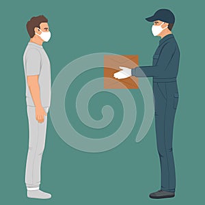 delivery man in mask and glowes with box in hands. Courier with order. Vector illustration