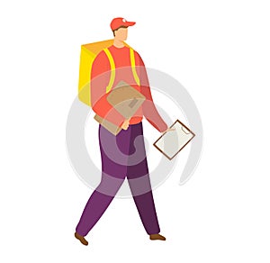 Delivery man in orange vest with parcel walking and holding clipboard. Courier delivering package and carrying yellow