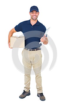 Delivery man with package and clipboard on white background