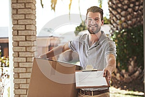 Delivery man, package and documents for home courier, product supplier and contract signature or happy services