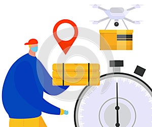 Delivery man package, drone flying box, location pin above. Logistics modern delivery service