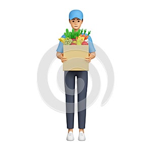 Delivery man with a package of food in his hands. A courier in uniform delivers an order from a grocery store.