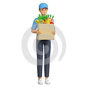 Delivery man with a package of food in his hands. A courier in uniform delivers an order from a grocery store.