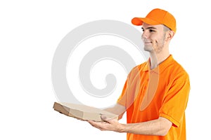 Delivery man with pizza box isolated on white background