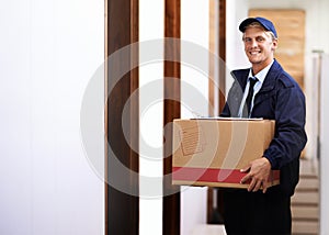Delivery, man and portrait with box at front door of house for distribution of online shopping package. Happy, courier