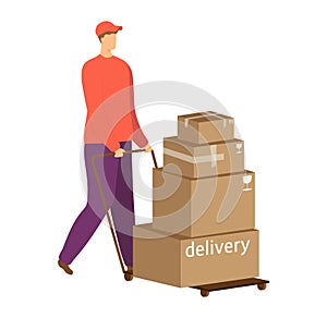 Delivery man pushing a trolley stacked with boxes. Male courier delivering packages with care. Logistics and shipping