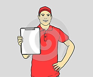 Delivery Man with red t-shirt Holding Clipboard.