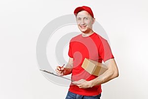 Delivery man in red uniform isolated on white background. Male courier in cap, t-shirt holding pen, clipboard with