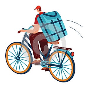 Delivery man riding a bicycle with a large blue insulated backpack. Courier delivering food in urban setting on bike