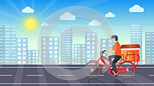 A delivery man riding a bicycle on the urban road. Home delivery service concept with urban buildings and sun. Online food or