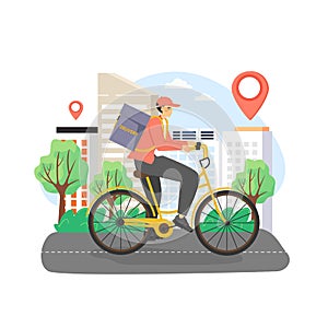 Delivery man riding bike with food box on his back, flat vector illustration. City food bicycle delivery service.