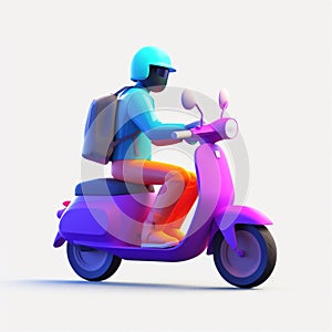 Delivery man riding moped scooter. 3D icon cartoon style isolated on white background. AI generated