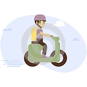 Delivery man riding motor bike. Flat style illustration. Vector