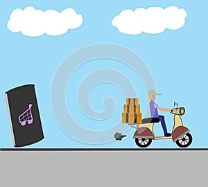 Delivery man riding motorcycle with food in the box driving fast to customers, online orders. Courier delivering food on motorbike