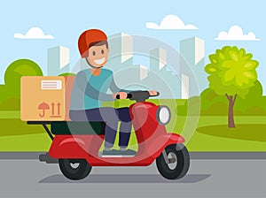 Delivery man riding red motor bike.