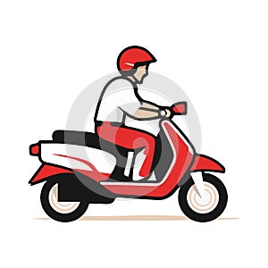 Delivery man riding a red scooter isolated on white background. Food delivery man. Cartoon style. Vector illustration.